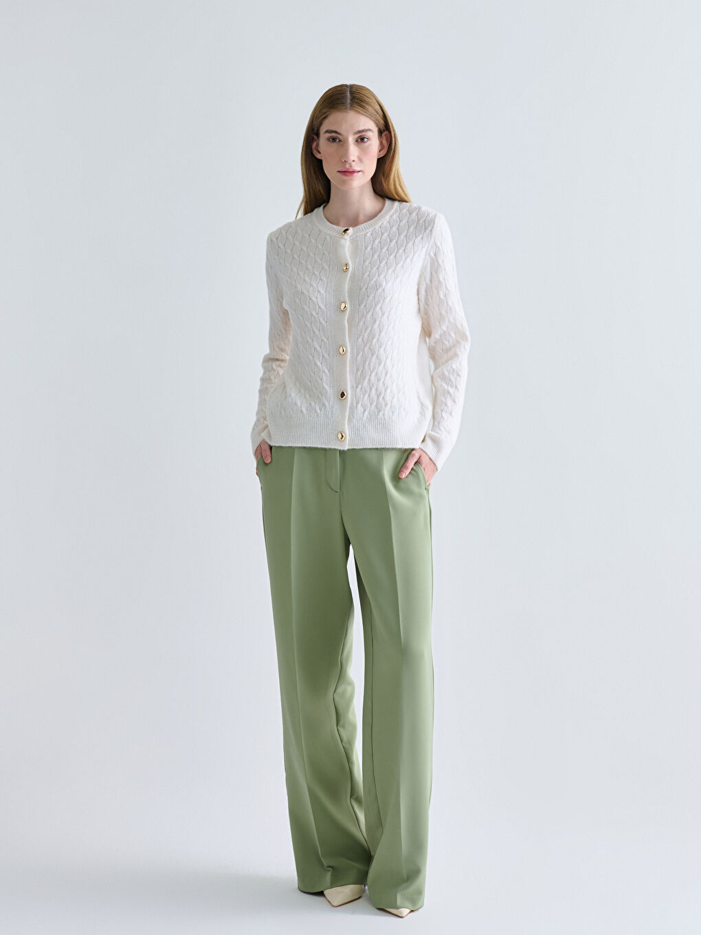 Crew Neck Self Patterned Long Sleeve Women's Tricot Cardigan-1