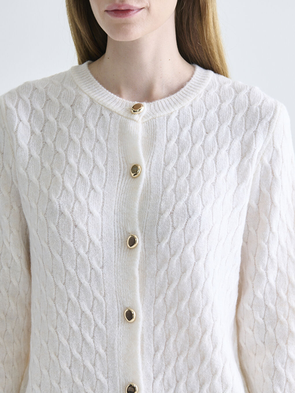 Crew Neck Self Patterned Long Sleeve Women's Tricot Cardigan-2