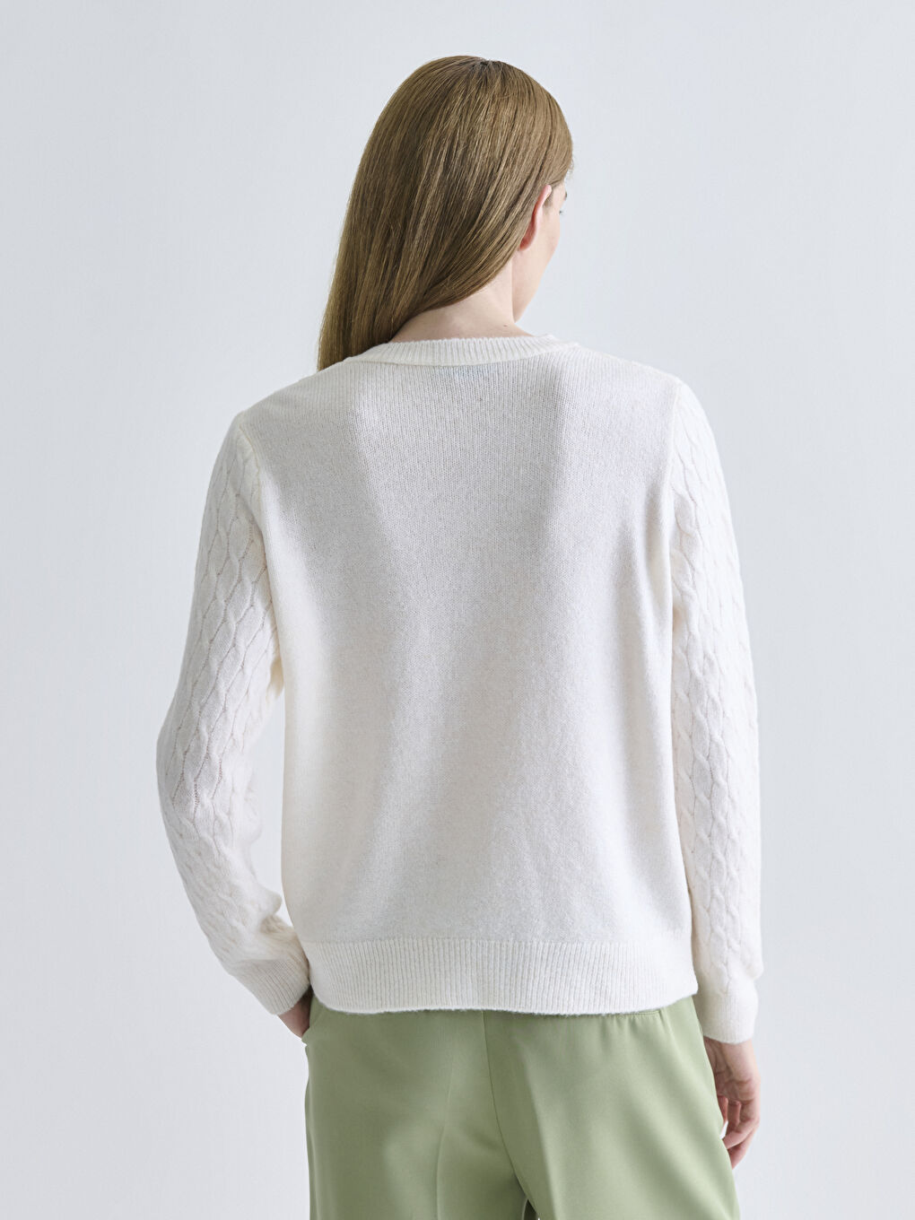 Crew Neck Self Patterned Long Sleeve Women's Tricot Cardigan-3