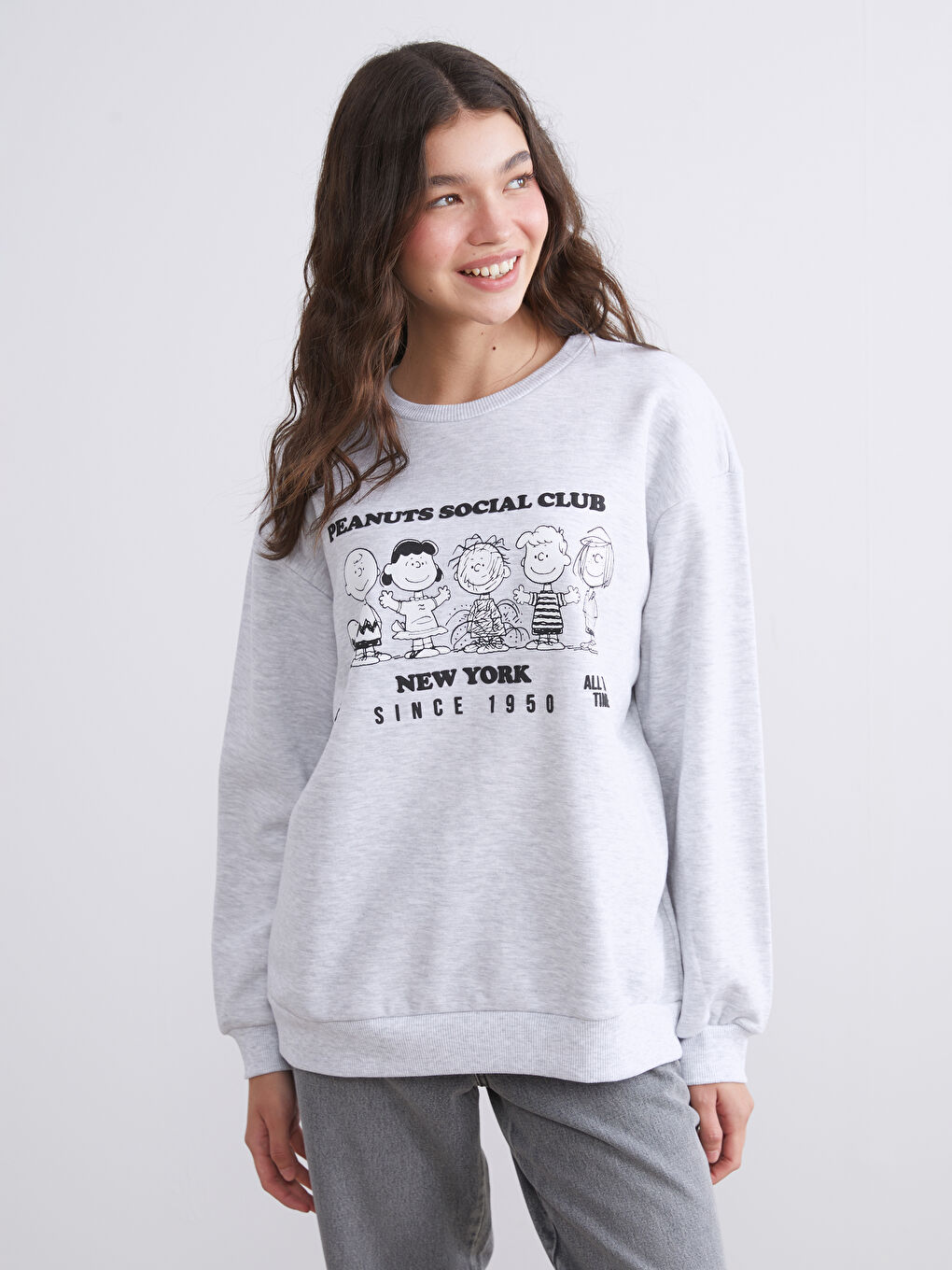 Gri Snoopy Baskılı Oversize Kadın Kalın Sweatshirt-1