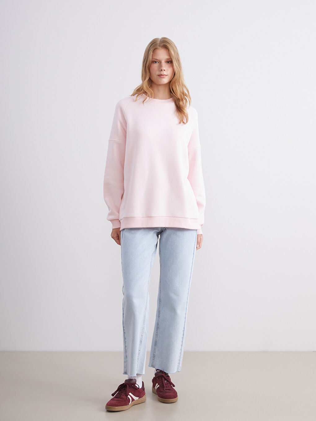 Pembe Bisiklet Yaka Kadın Sweatshirt-1