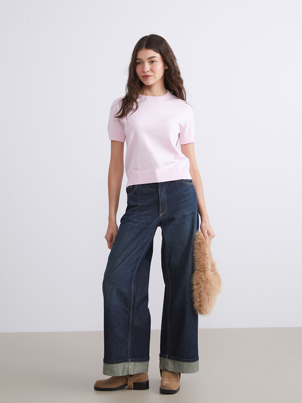 Pembe Bisiklet Yaka Kadın Triko Kazak-1