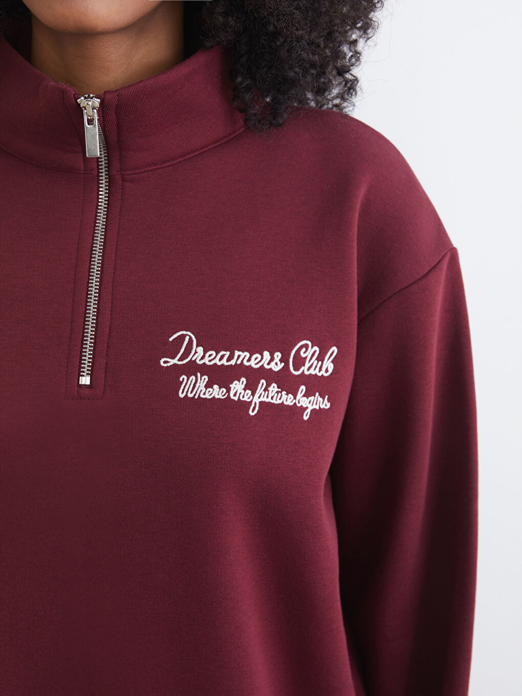 Bordo Dik Yaka Nakışlı Oversize Kadın Kalın Sweatshirt-2