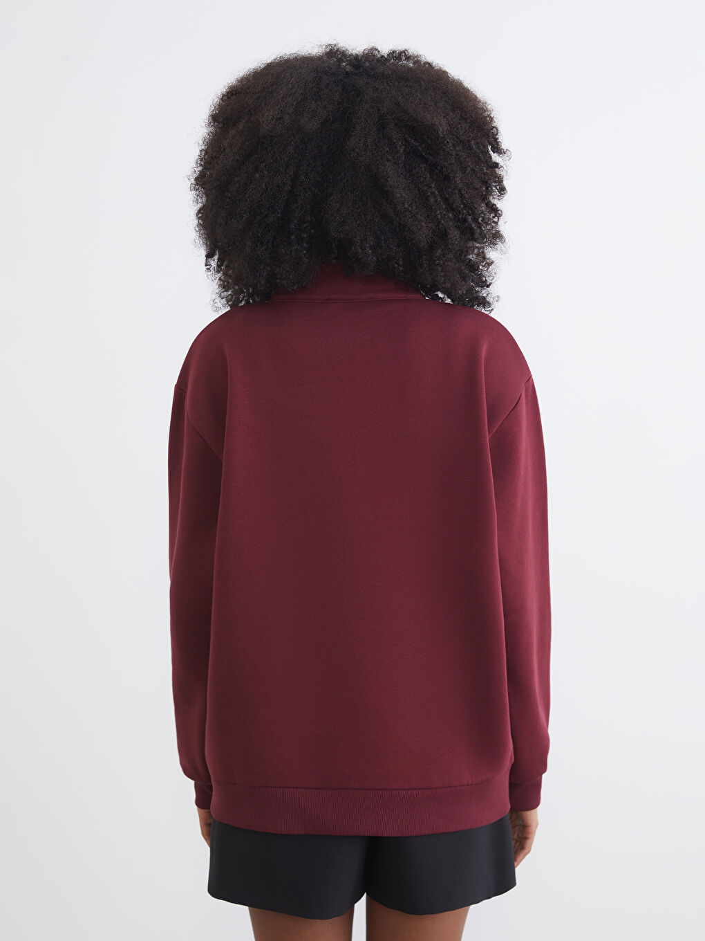 Bordo Dik Yaka Nakışlı Oversize Kadın Kalın Sweatshirt-3