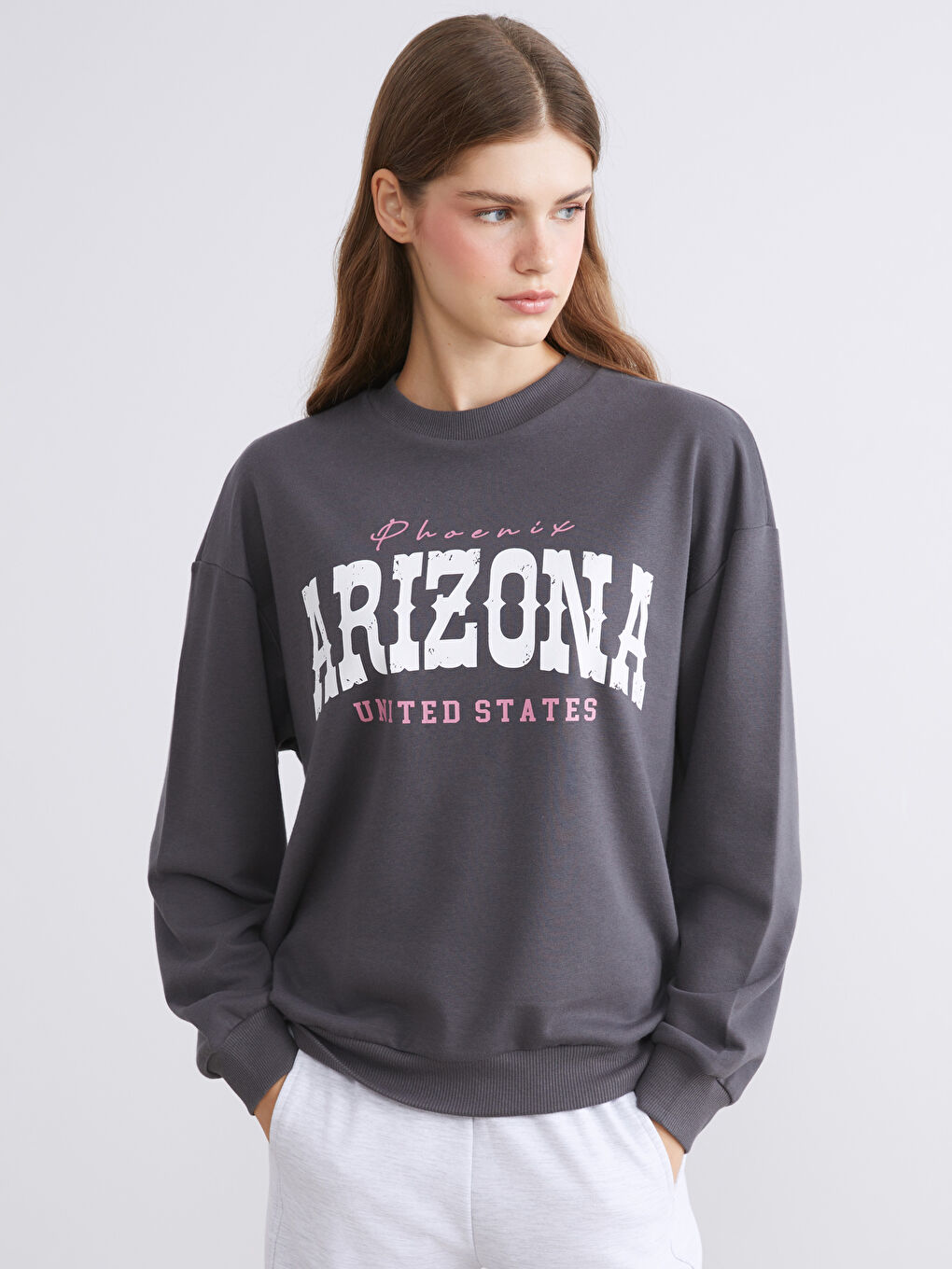 Antrasit Baskılı Oversize Kadın Kalın Sweatshirt