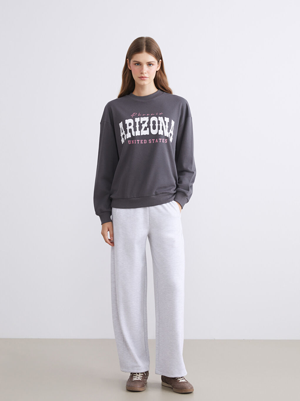 Antrasit Baskılı Oversize Kadın Kalın Sweatshirt-1