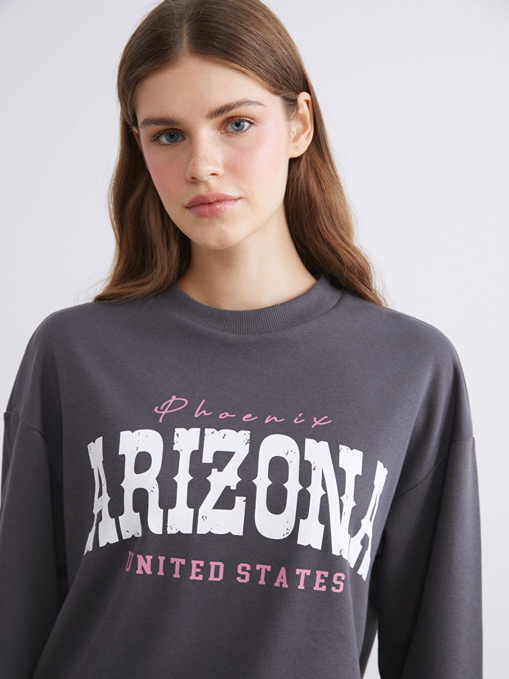 Antrasit Baskılı Oversize Kadın Kalın Sweatshirt-2