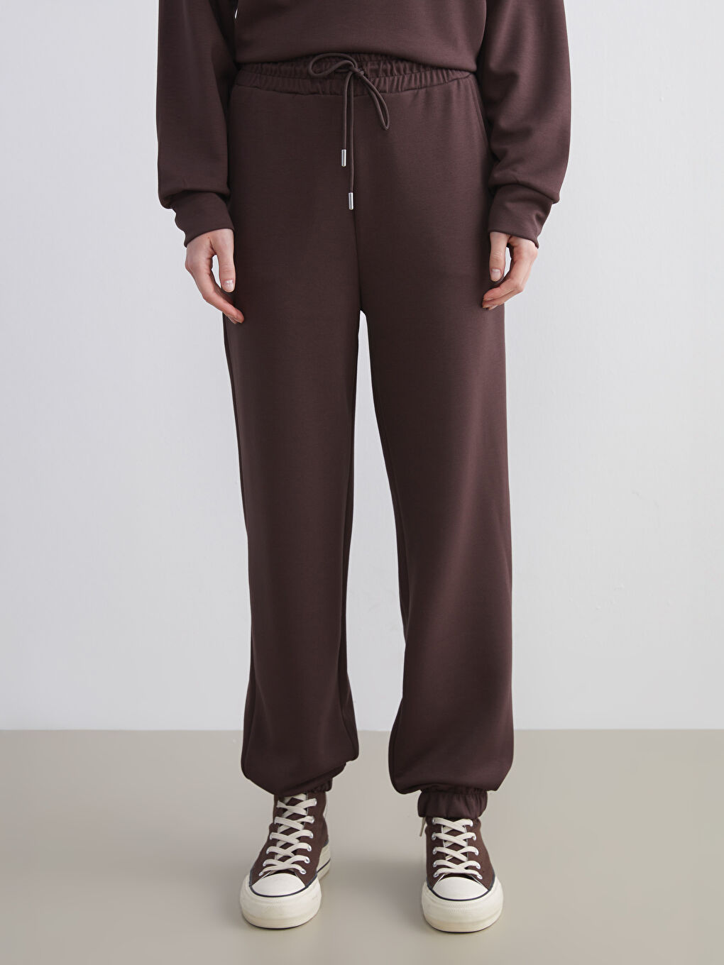 Kahverengi Beli Lastikli Kadın Jogger Eşofman Altı-1