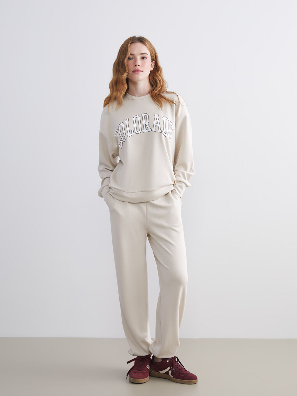 Bej Beli Lastikli Kadın Jogger Eşofman Altı