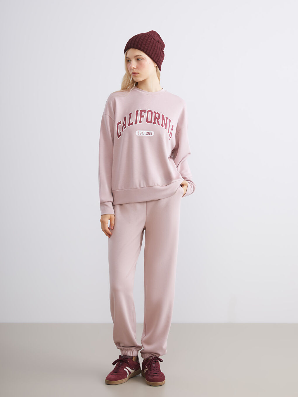 Pembe Beli Lastikli Kadın Jogger Eşofman Altı-1