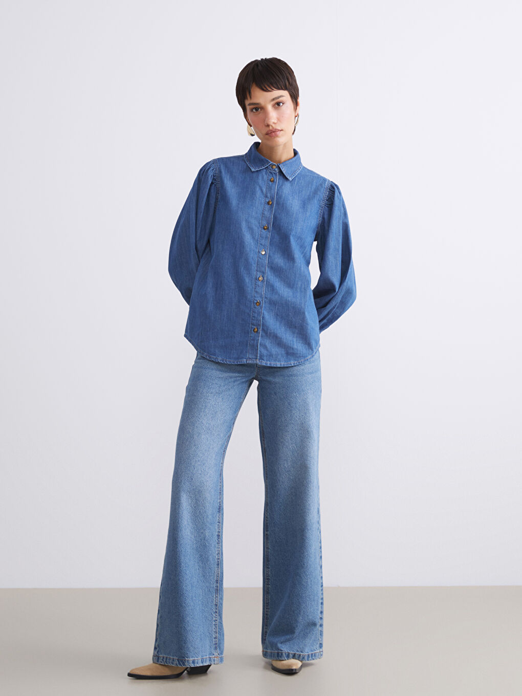 İndigo Balon Kollu Kadın Jean Gömlek-1