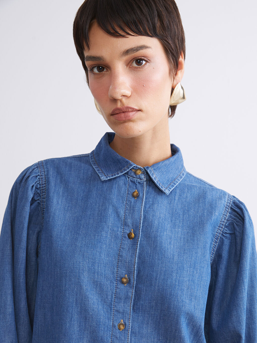 İndigo Balon Kollu Kadın Jean Gömlek-2