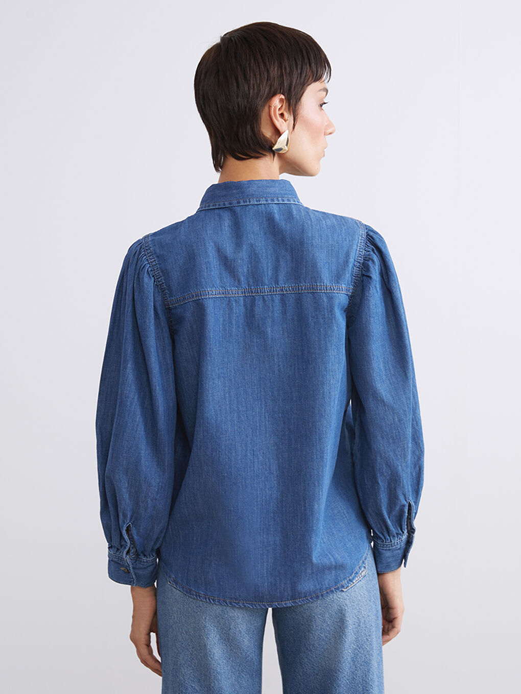 İndigo Balon Kollu Kadın Jean Gömlek-3