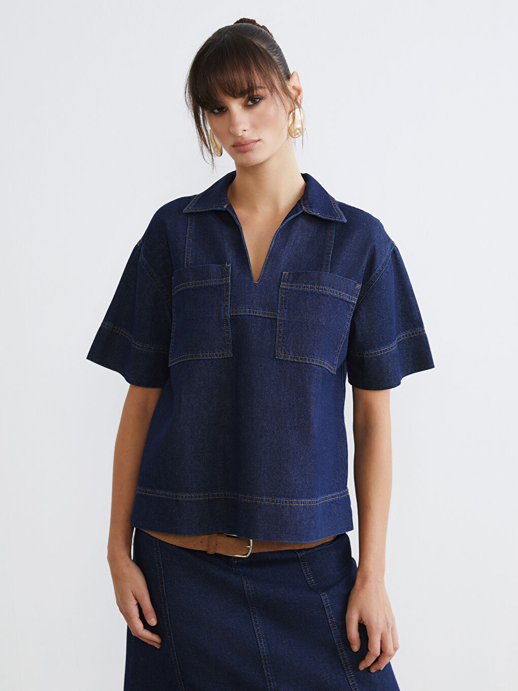 İndigo Loose Fit Kadın Jean Gömlek