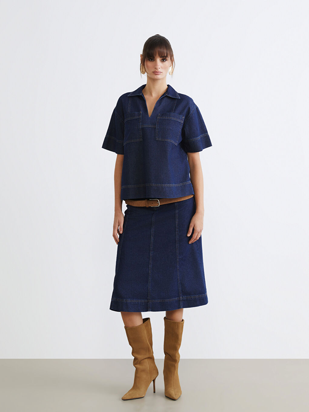 İndigo Loose Fit Kadın Jean Gömlek-1