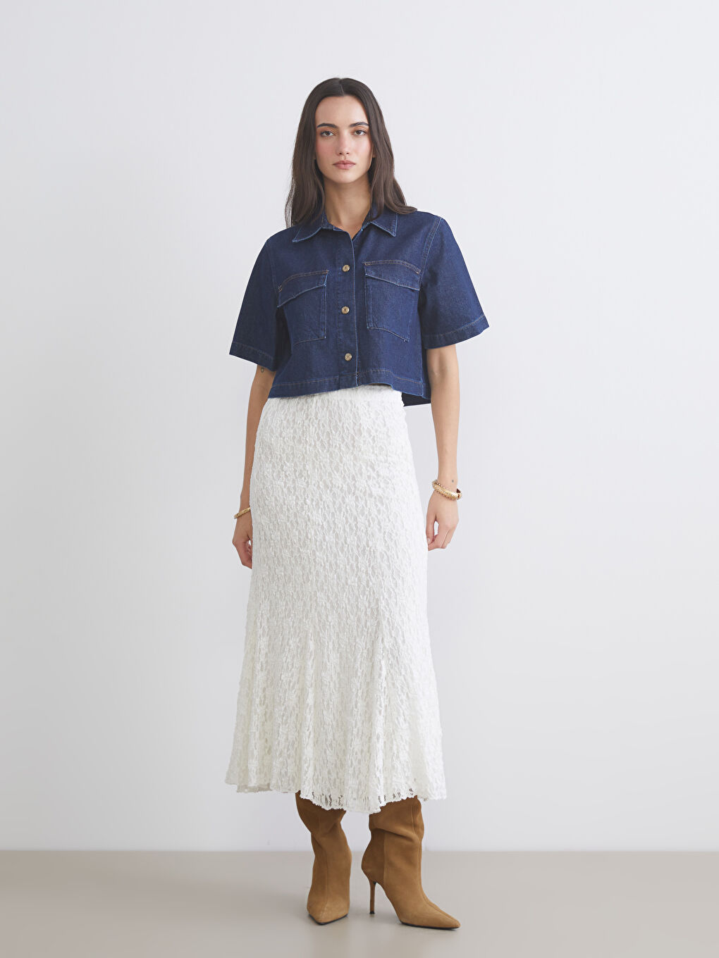 İndigo Regular Fit Kadın Jean Gömlek-1