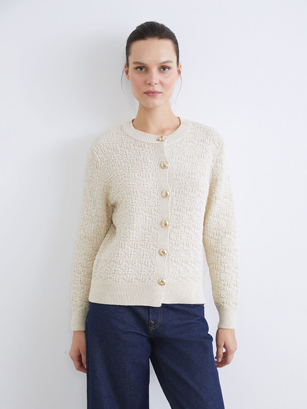 Ekru Bisiklet Yaka Kadın Triko Hırka