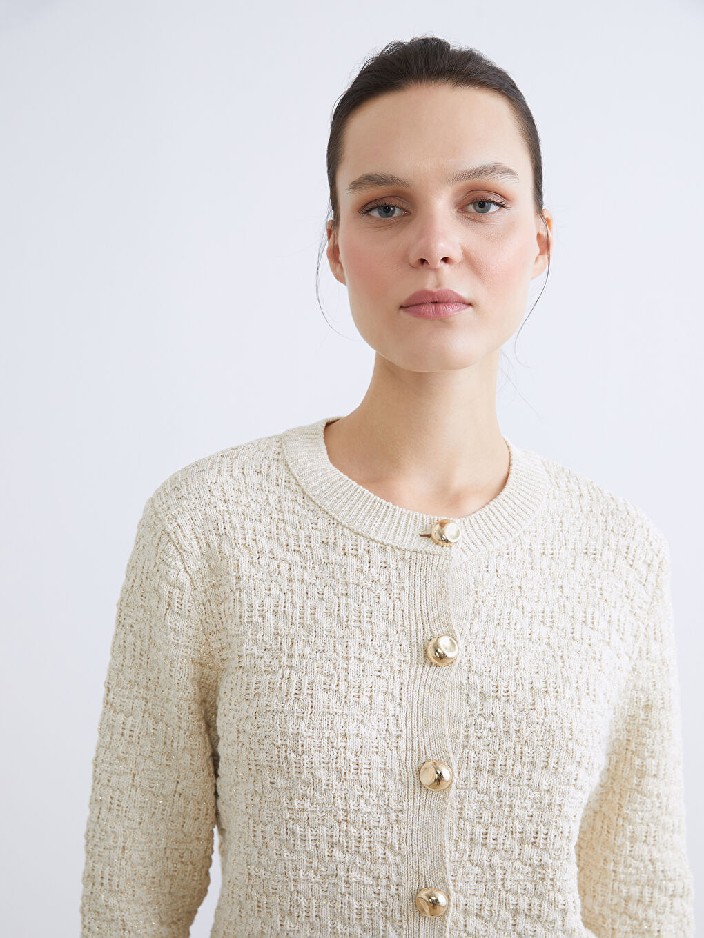 Ekru Bisiklet Yaka Kadın Triko Hırka-2