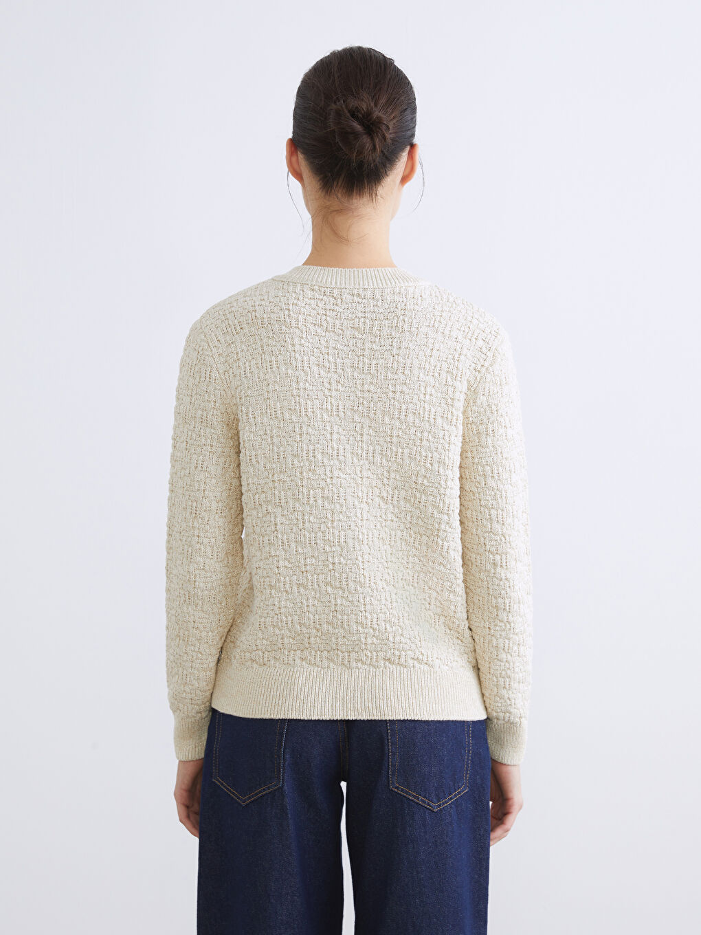 Ekru Bisiklet Yaka Kadın Triko Hırka-3