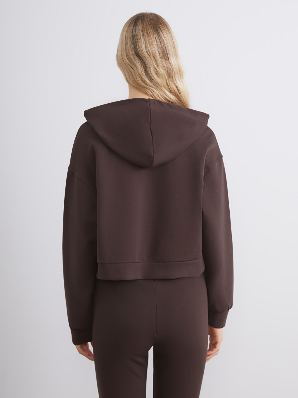 Kahverengi Kapüşonlu Kadın Fermuarlı Sweatshirt-3