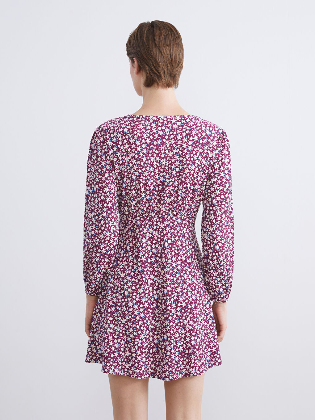 Bordo V Yaka Çiçekli Mini Elbise-3