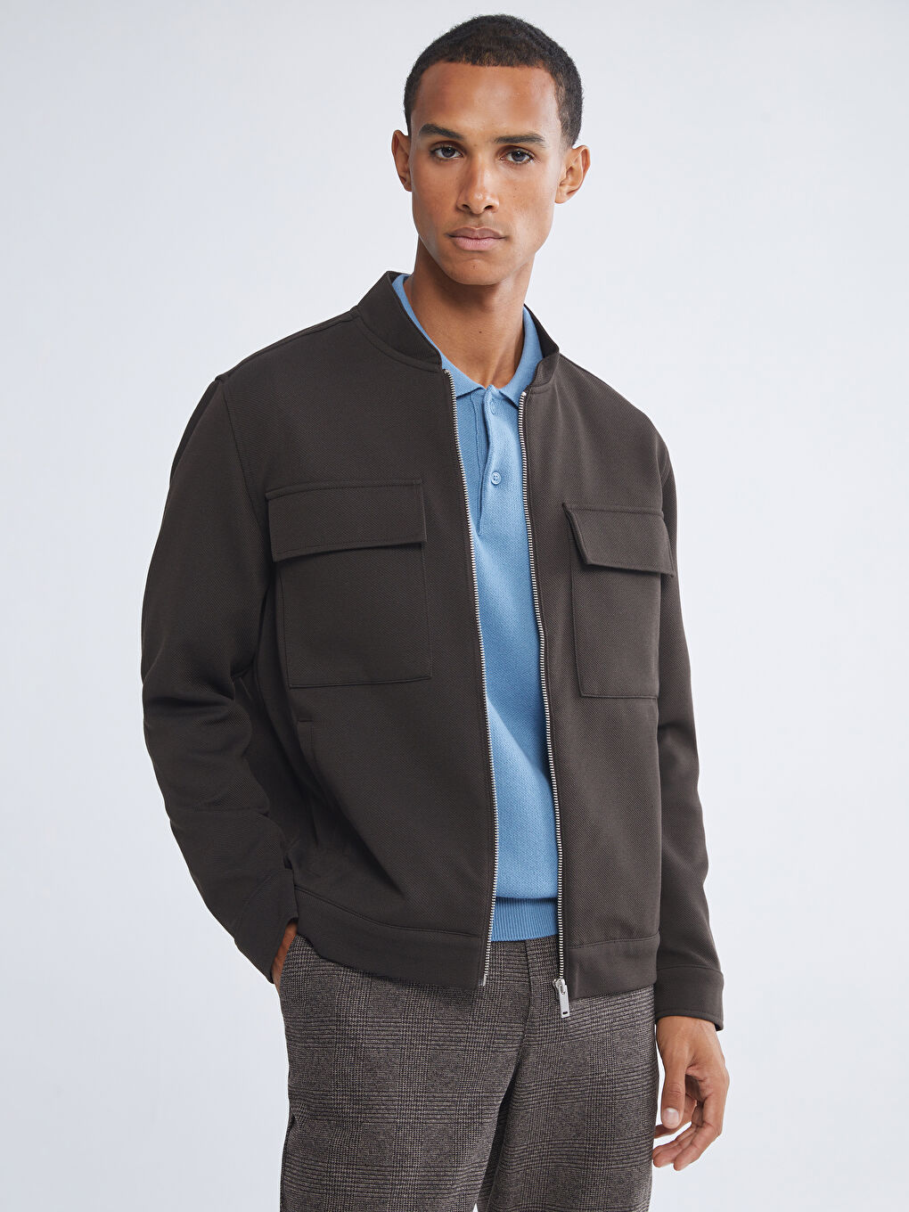 Kahverengi Bomber Yaka Uzun Kollu Erkek Ceket