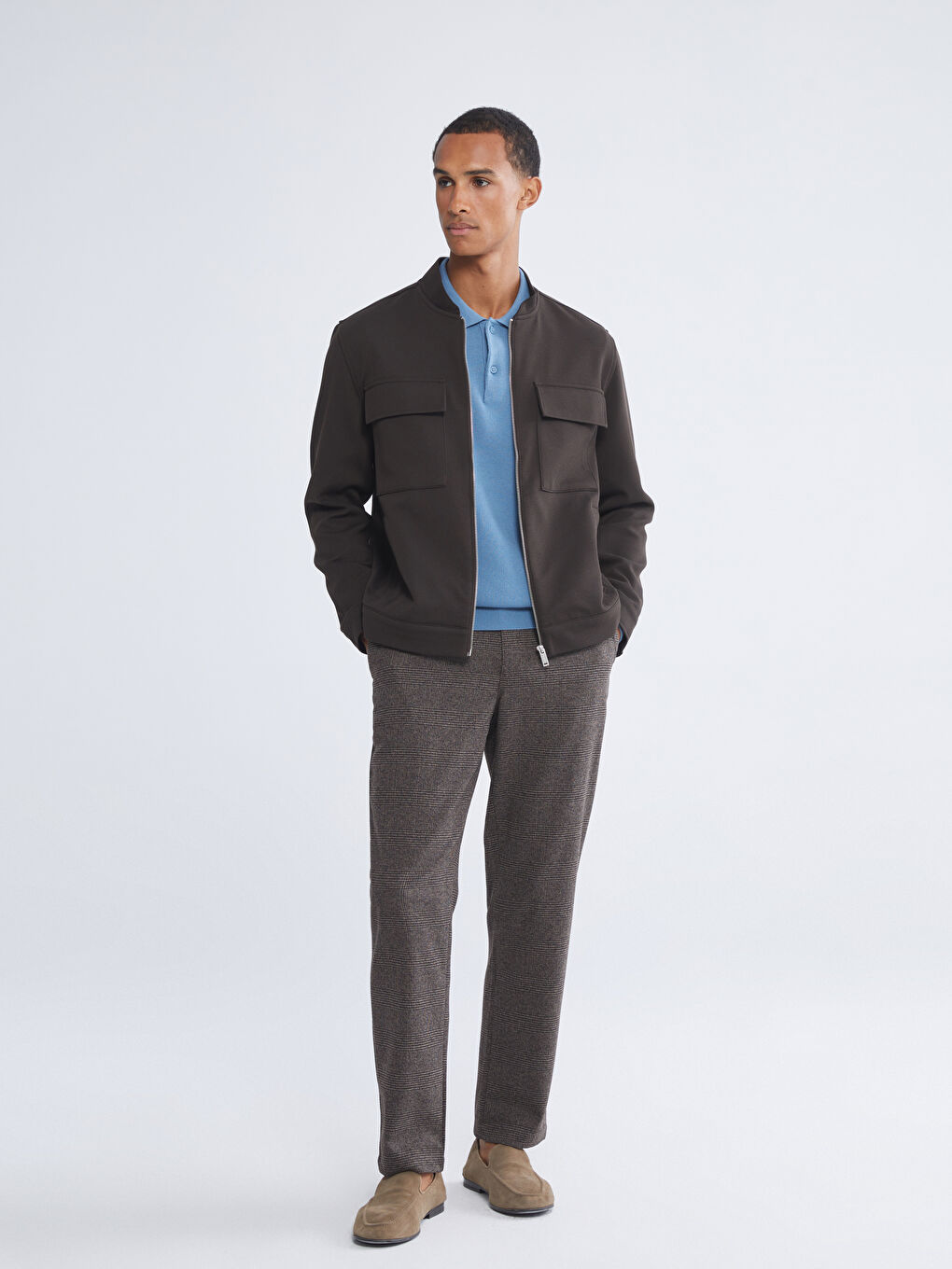 Kahverengi Bomber Yaka Uzun Kollu Erkek Ceket-1