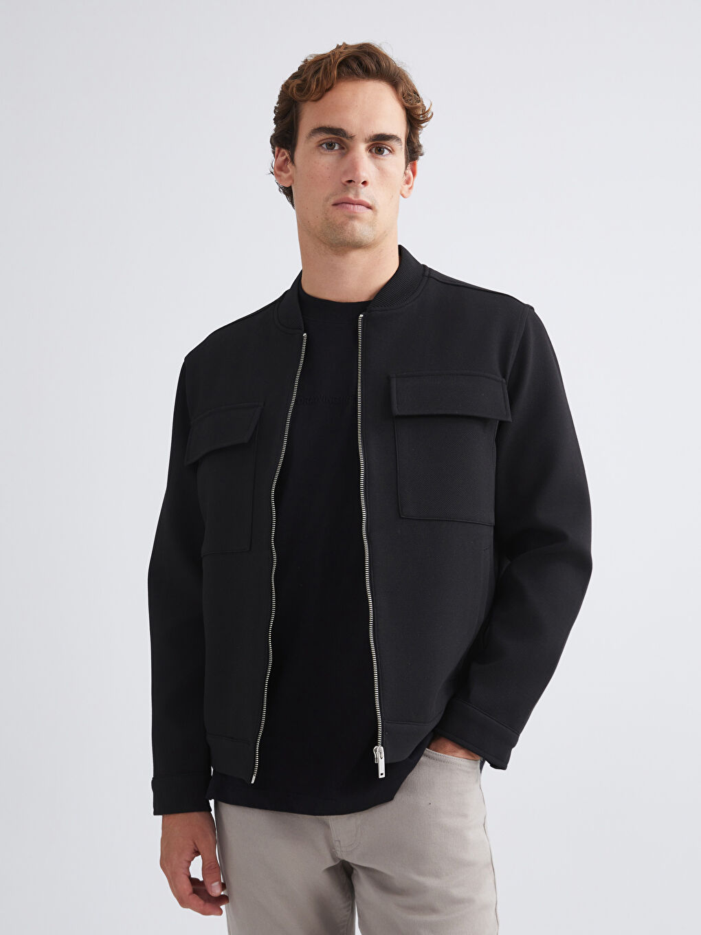 Siyah Bomber Yaka Uzun Kollu Erkek Ceket-1