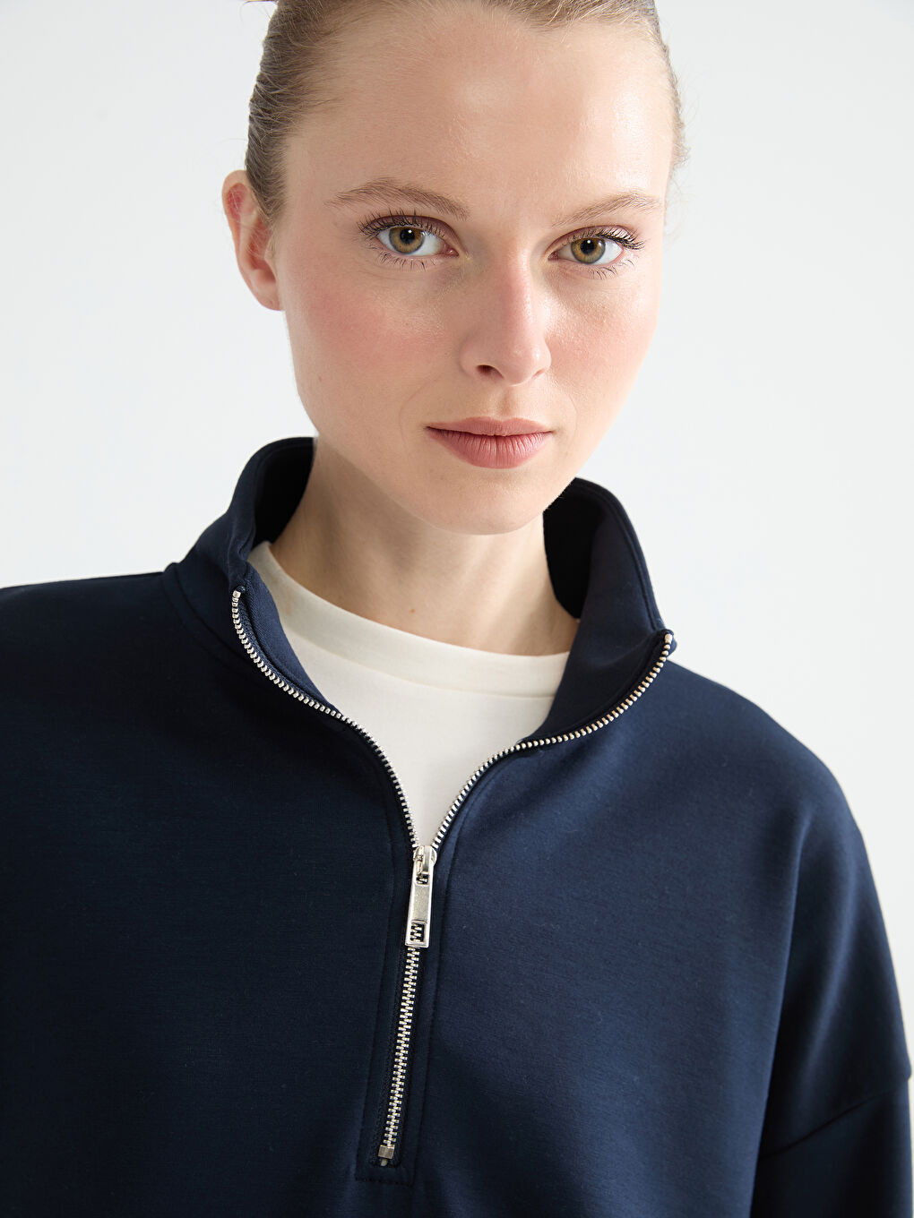 Lacivert Dik Yaka Kadın Sweatshirt-2