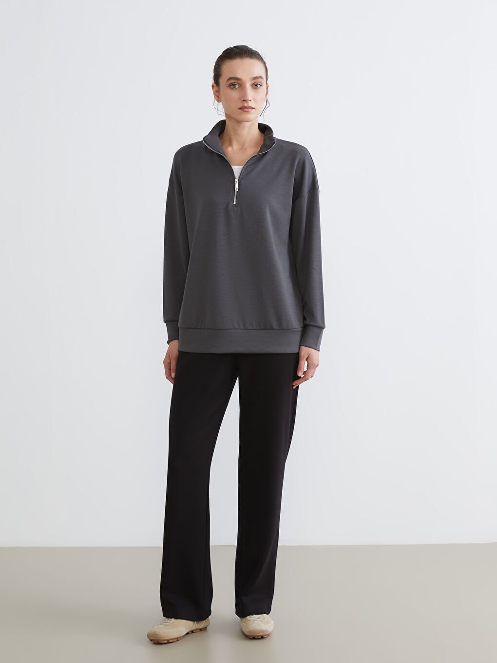 Antrasit Dik Yaka Kadın Sweatshirt-3