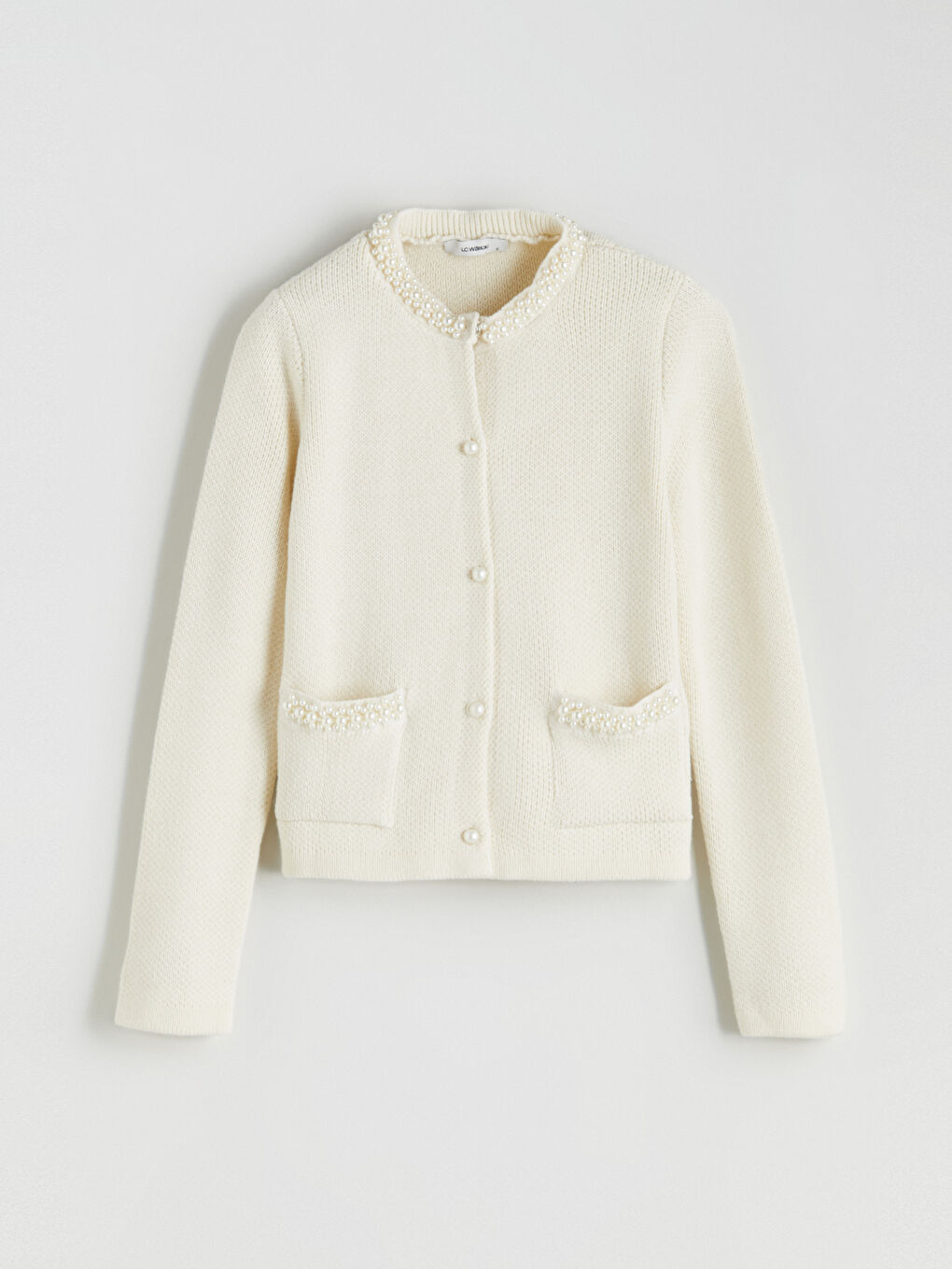 Crew Neck Pearl Embellished Women's Knitwear Cardigan-4