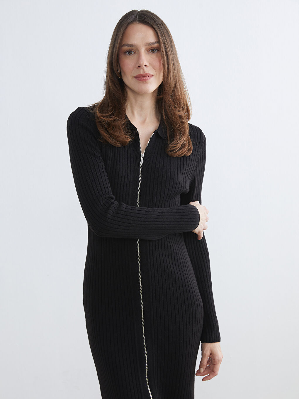 Siyah Polo Yaka Fitilli Triko Elbise-1