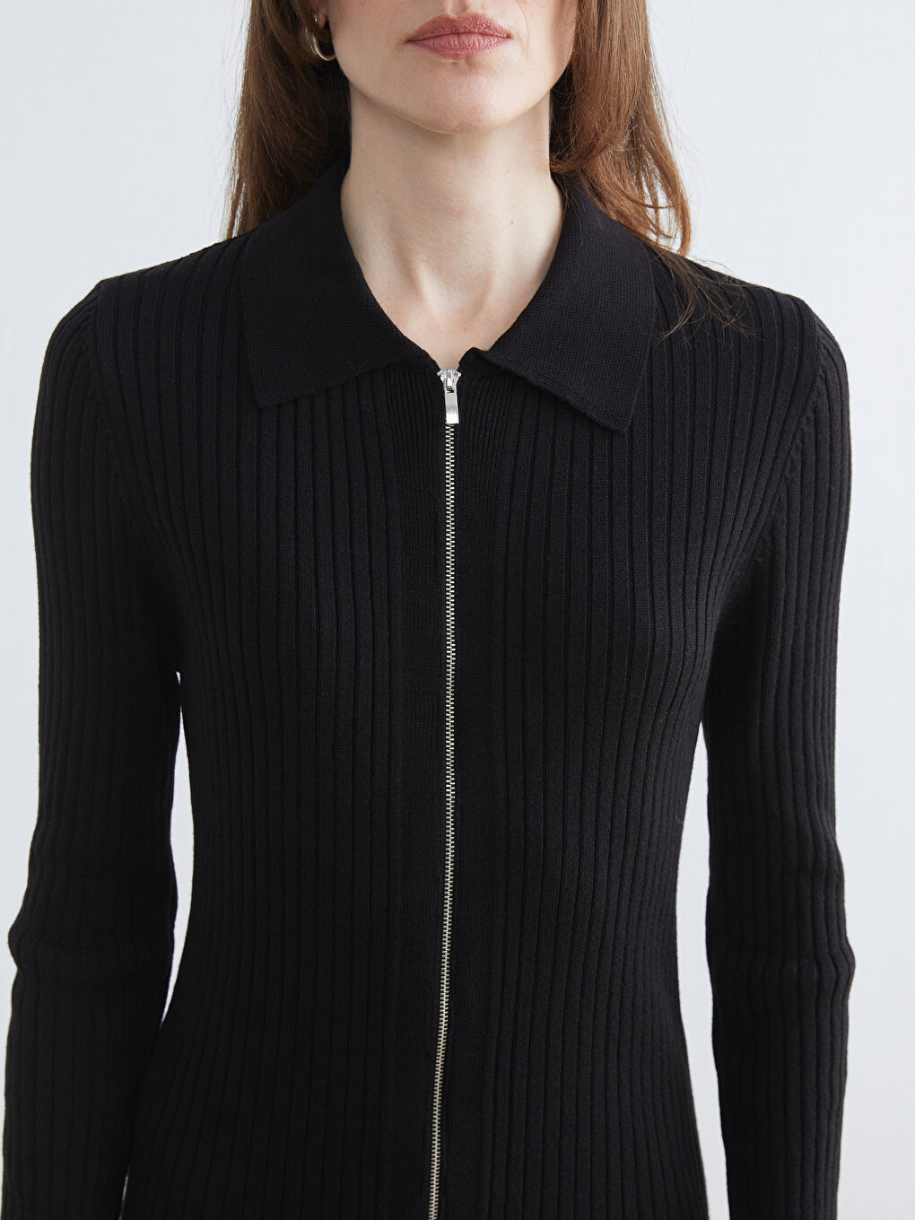 Siyah Polo Yaka Fitilli Triko Elbise-2