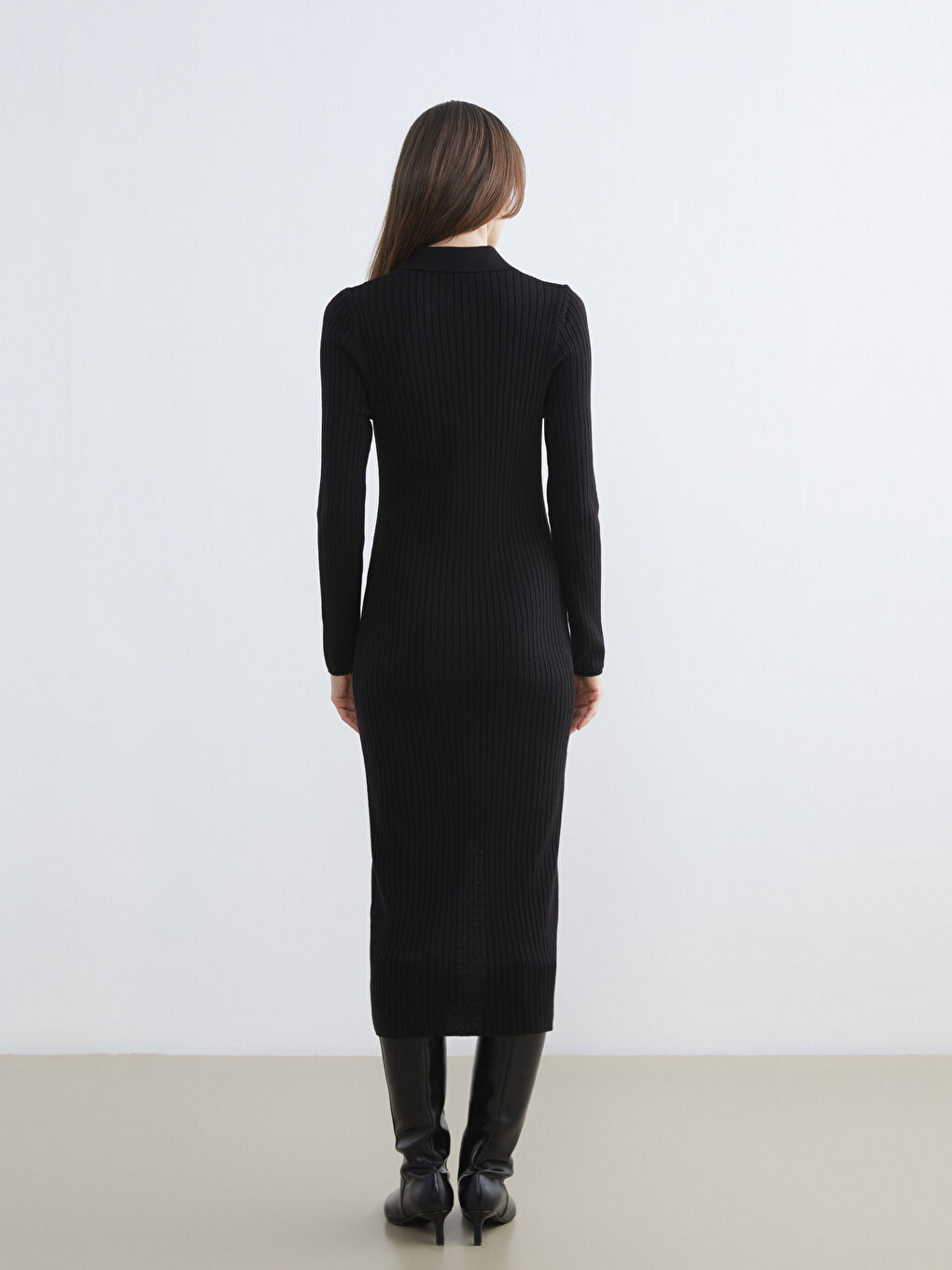 Siyah Polo Yaka Fitilli Triko Elbise-3