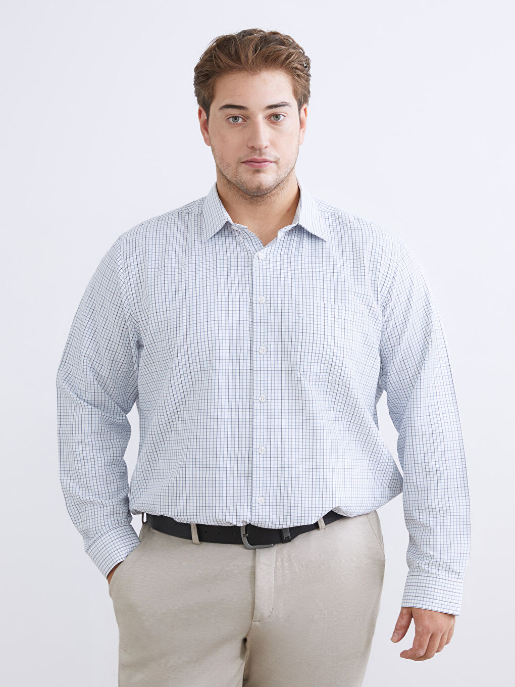 Lacivert Regular Fit Uzun Kollu Ekose Gabardin Erkek Gömlek-1