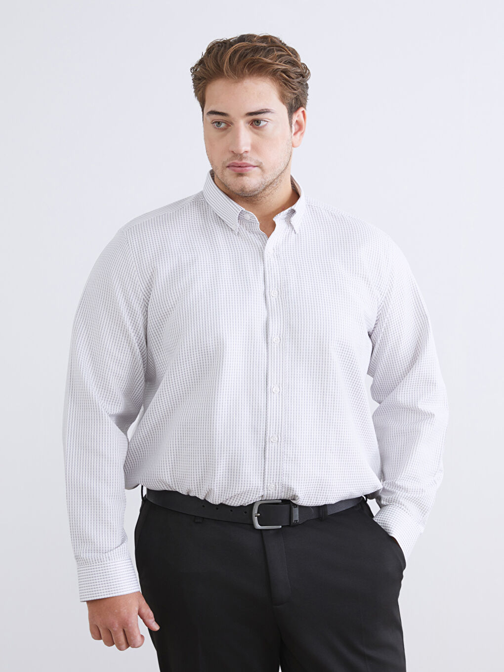 Gri Regular Fit Uzun Kollu Ekose Armürlü Erkek Gömlek-1