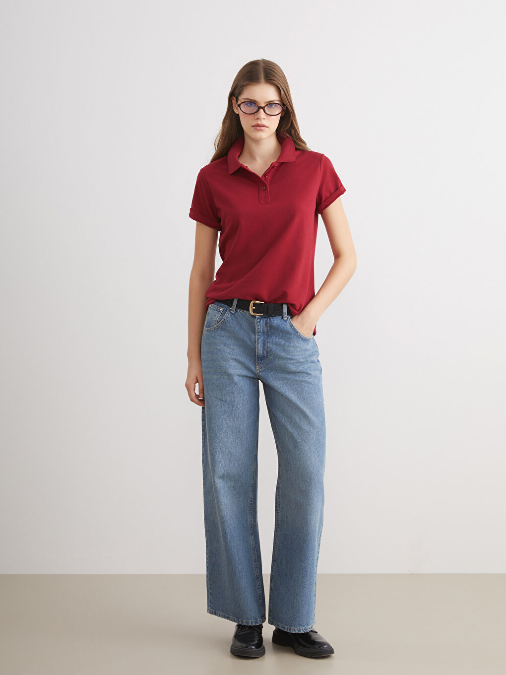 Bordo Polo Yaka Pike Kadın Tişört-1