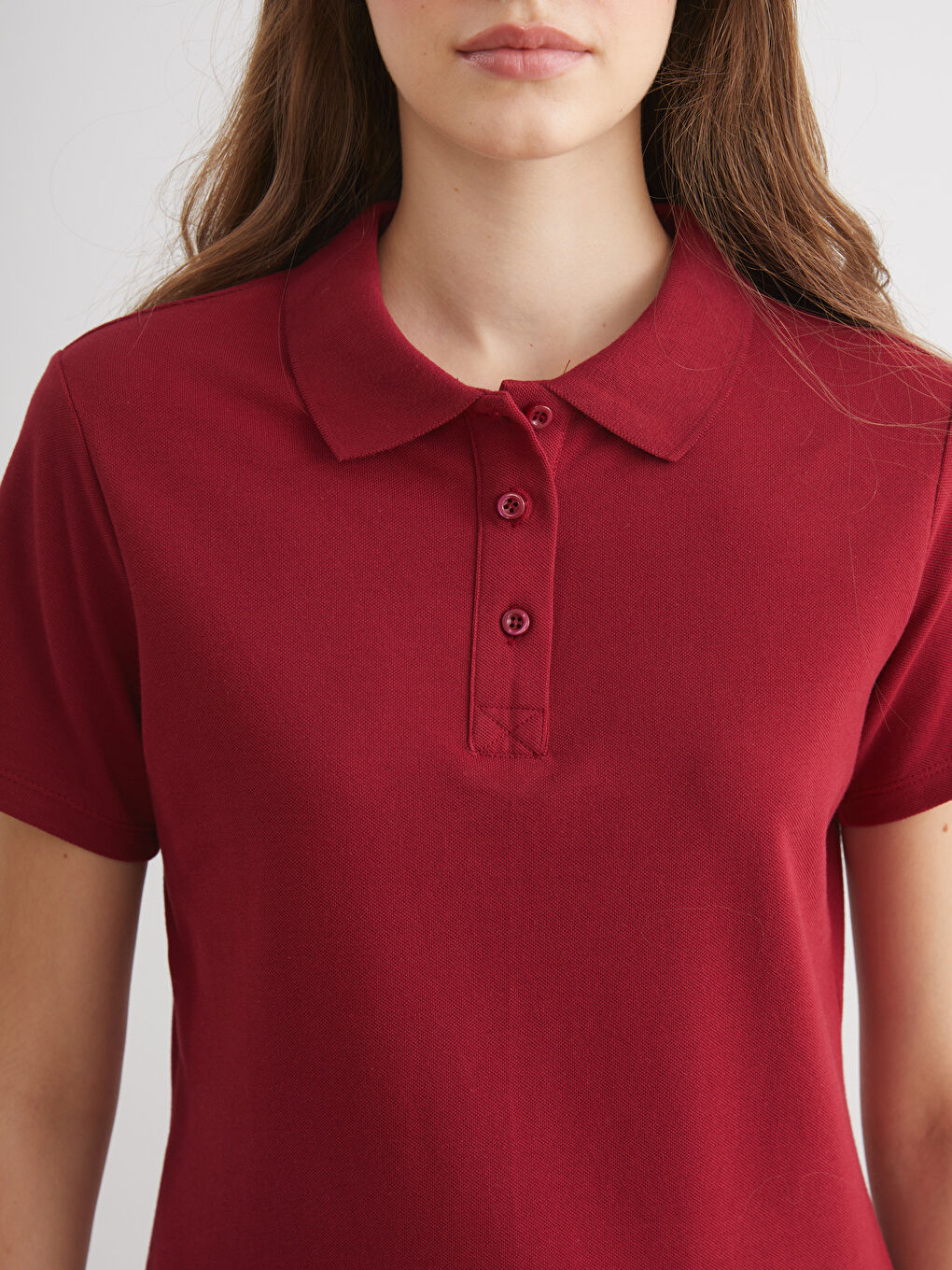 Bordo Polo Yaka Pike Kadın Tişört-2