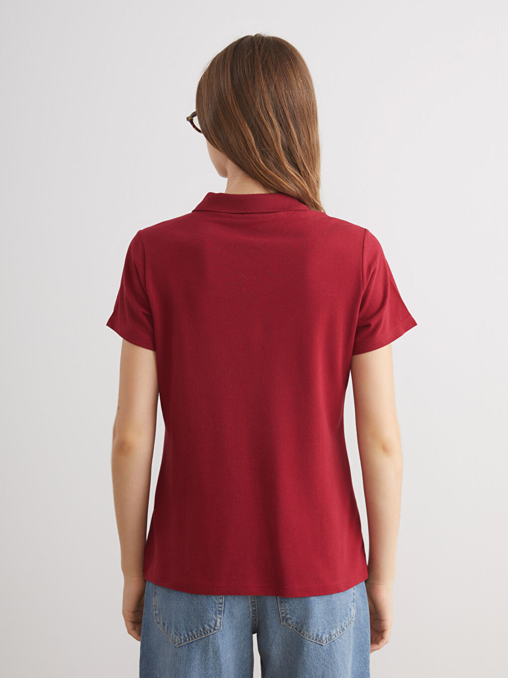 Bordo Polo Yaka Pike Kadın Tişört-3