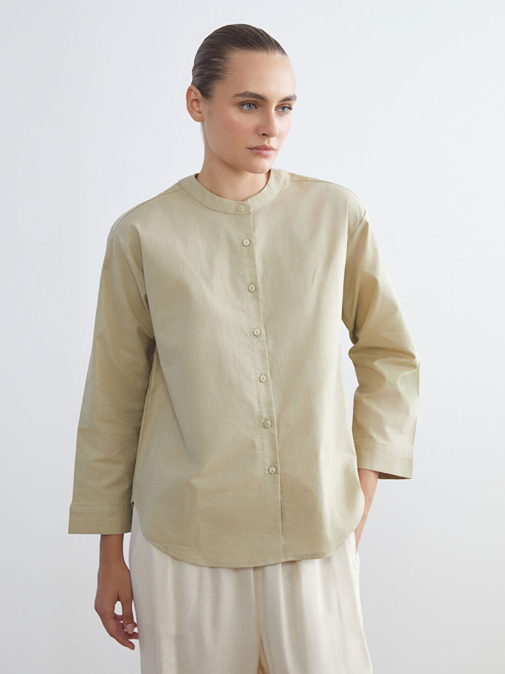Grandad Collar Oversize Linen Blend Women's Shirt