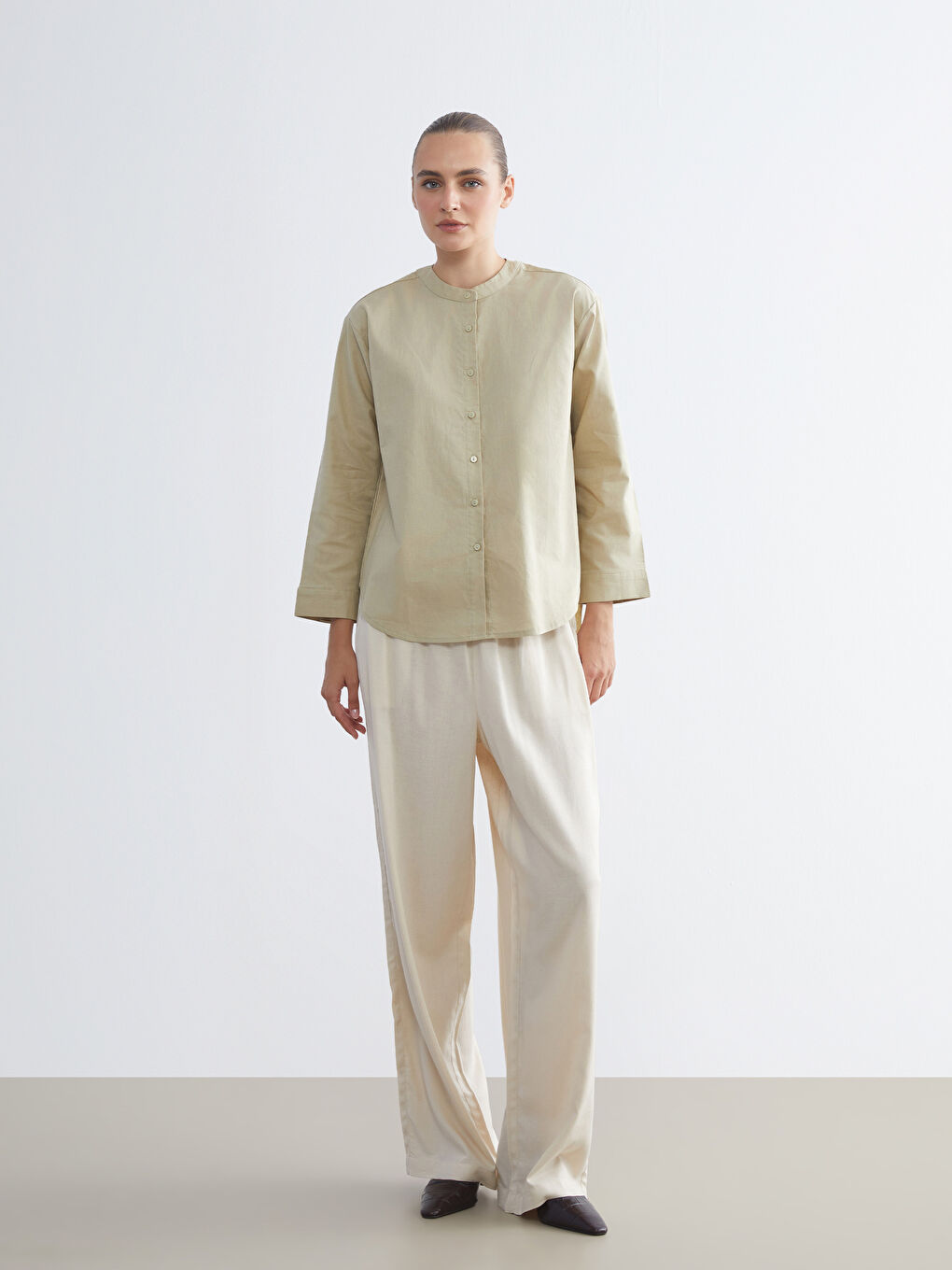 Grandad Collar Oversize Linen Blend Women's Shirt-1