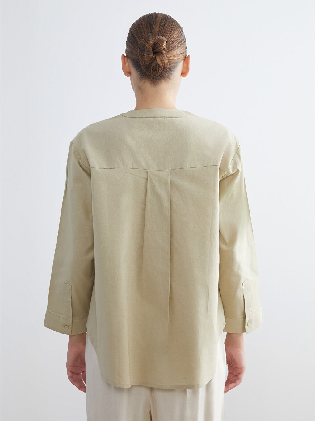 Grandad Collar Oversize Linen Blend Women's Shirt-3