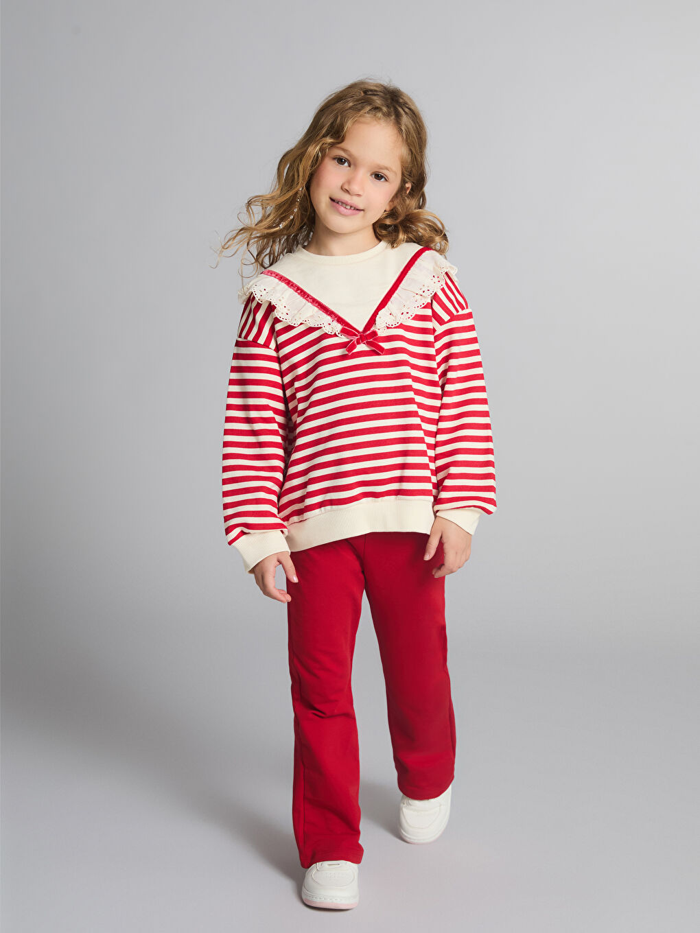 Collar Detailed Striped Girls' Sweatshirt and Leggings