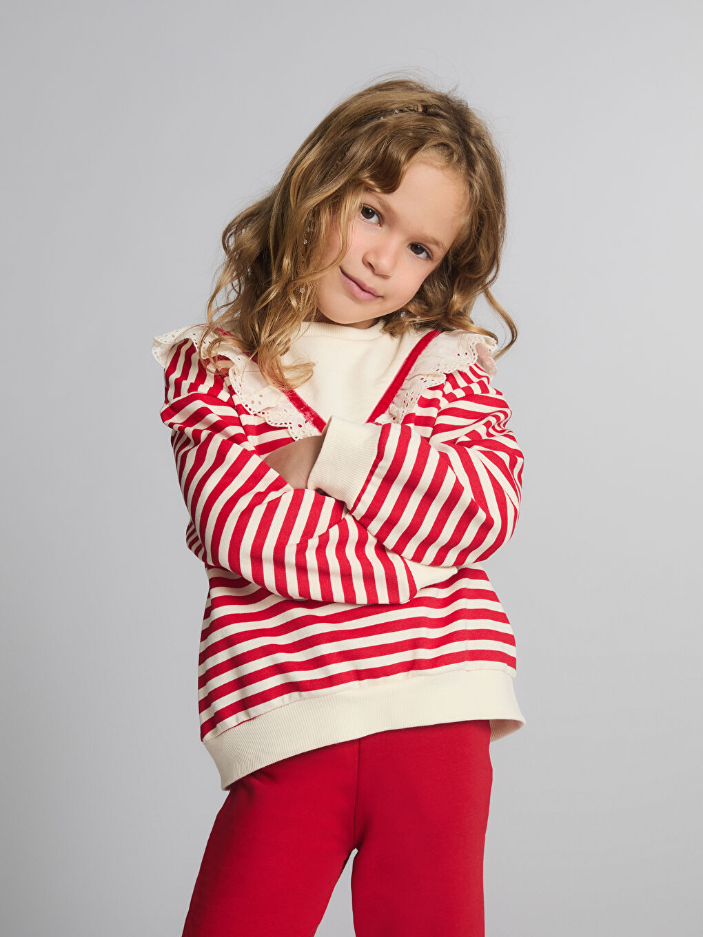 Collar Detailed Striped Girls' Sweatshirt and Leggings-1