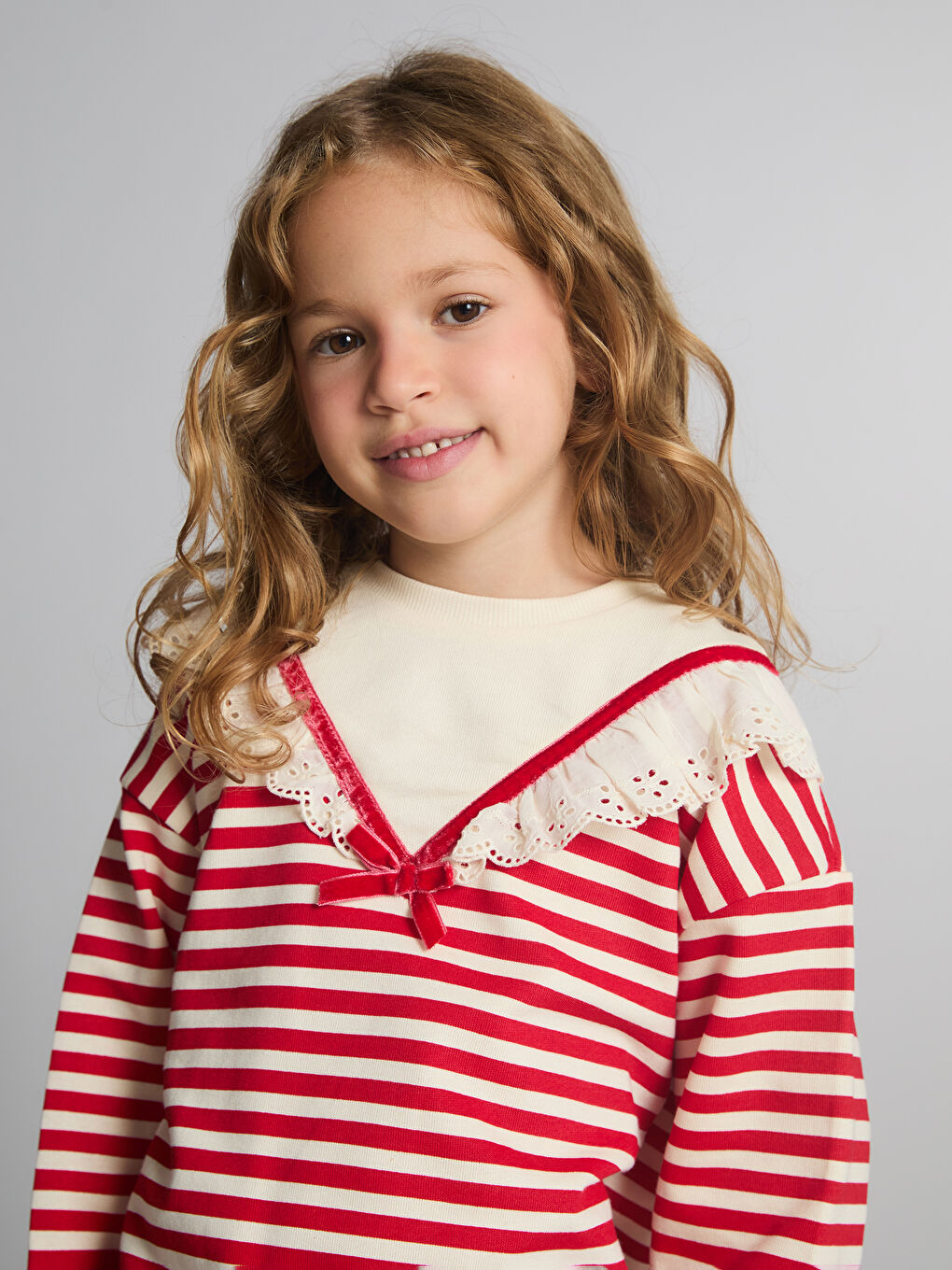 Collar Detailed Striped Girls' Sweatshirt and Leggings-2