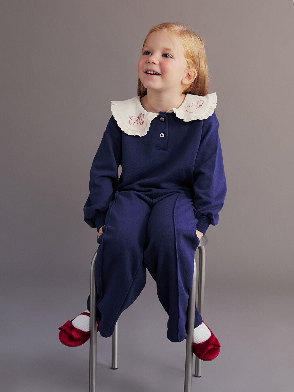 Lacivert Bebe Yaka Kız Çocuk Sweatshirt ve Eşofman Altı-1