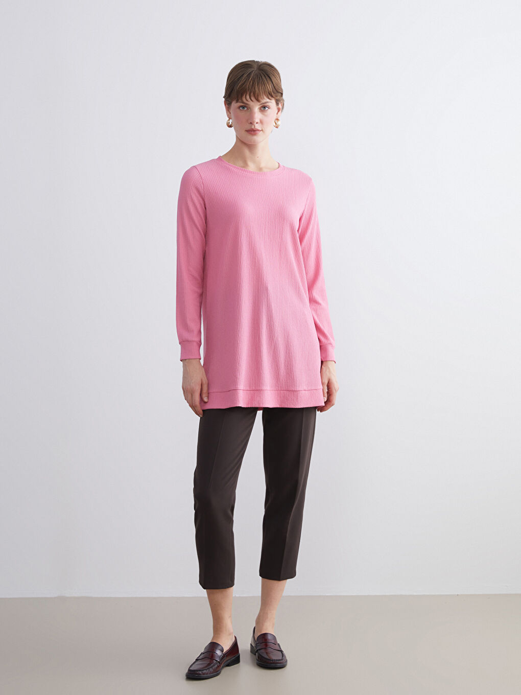 Pembe Bisiklet Yaka Dokulu Kadın Tunik-1