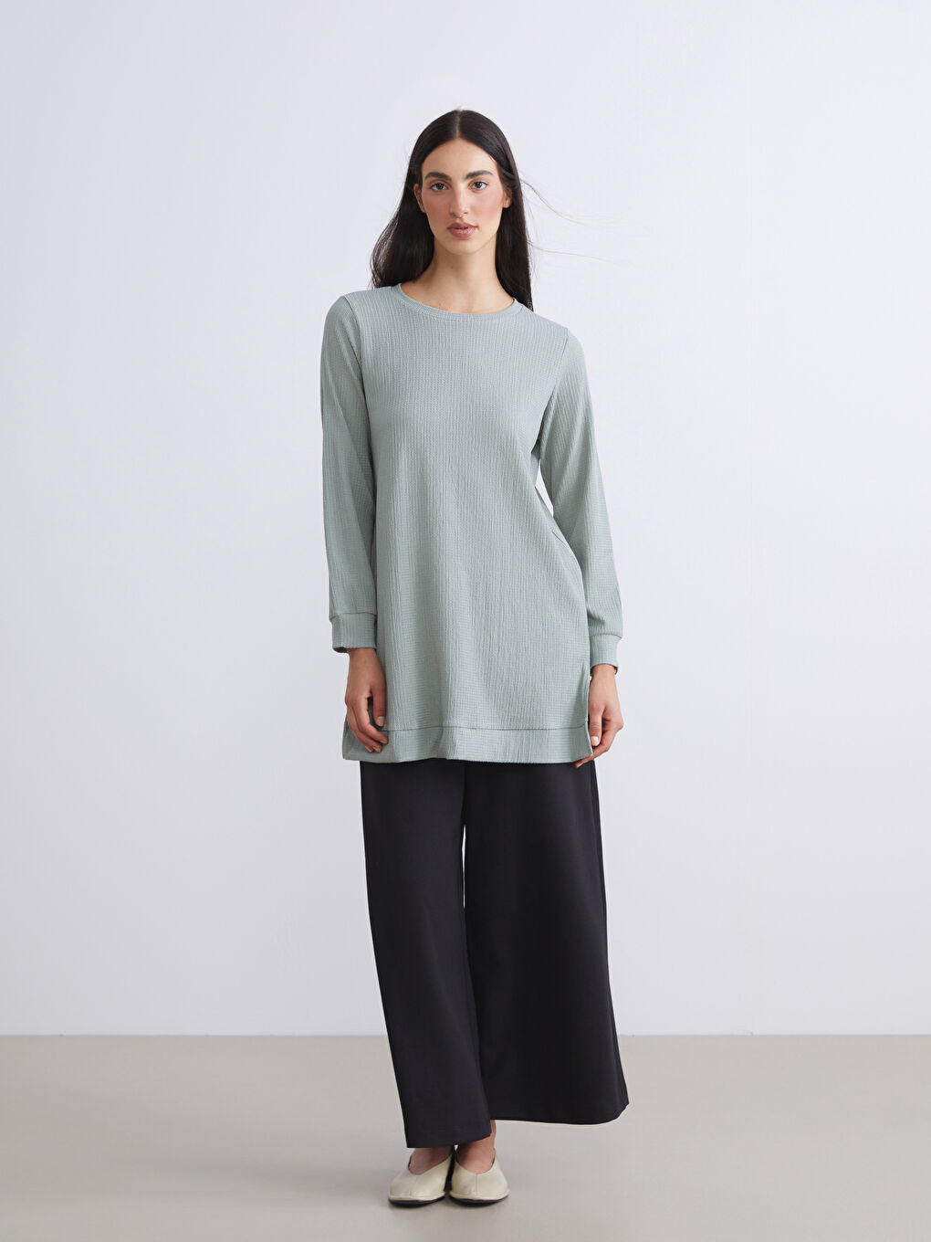 Yeşil Bisiklet Yaka Dokulu Kadın Tunik-1