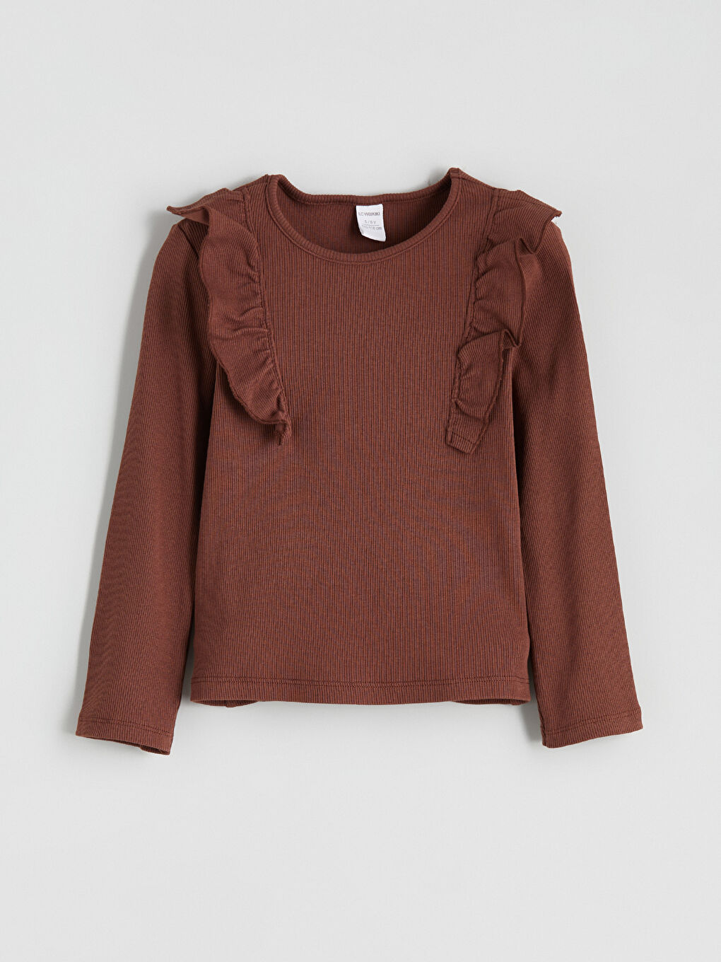 Kahverengi Bisiklet Yaka Uzun Kollu Fırfırlı Kız Çocuk Tişört