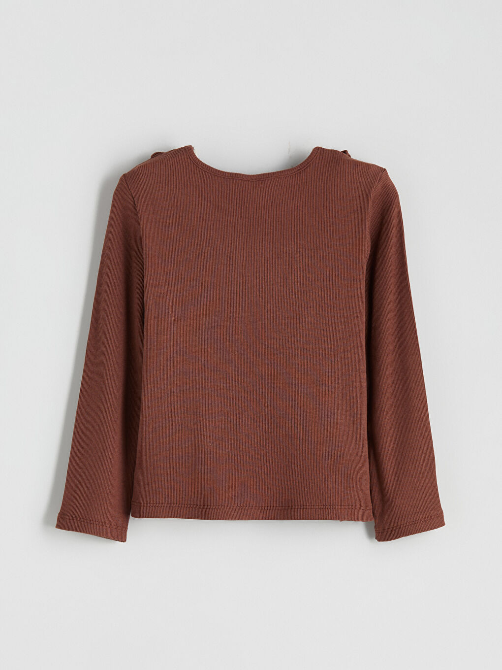 Kahverengi Bisiklet Yaka Uzun Kollu Fırfırlı Kız Çocuk Tişört-1